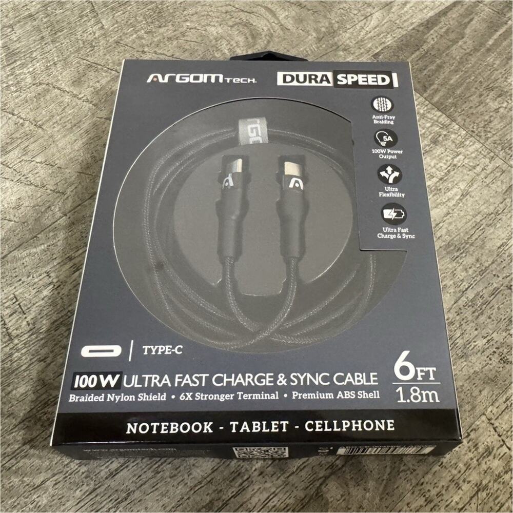 ArgomTech Dura Speed Braided USB-C to USB-C Cable 6ft 100W Black ARG-CB-0049BK